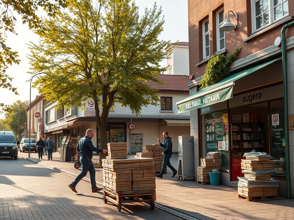 Grafika przedstawiająca nowoczesne opakowanie One Box firmy Allegro Delivery, symbolizujące rozwój logistyki w Augustowie.